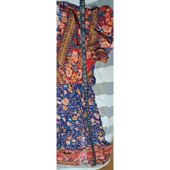 Womens Bohemia Side Split V Neck Ruffles Short Sleeves Maxi Dress with Belt Sz M - Picture 7 of 16